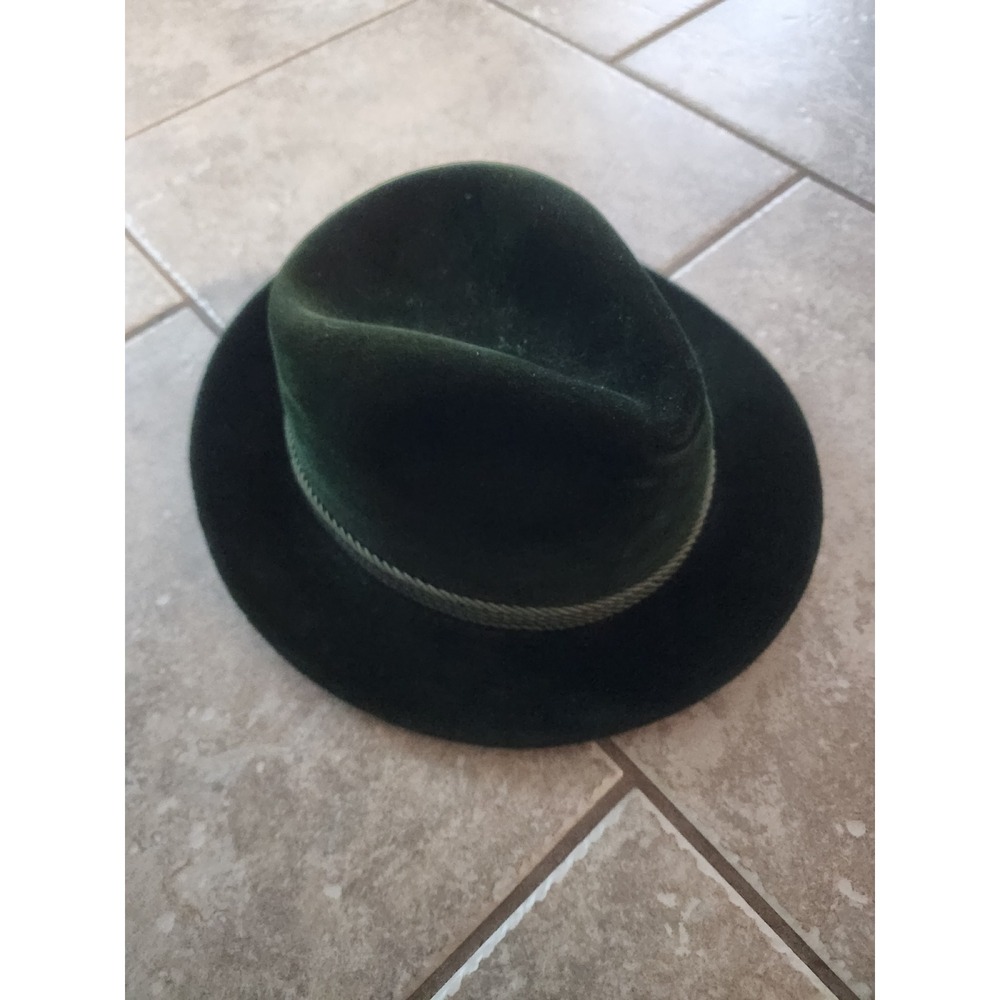 Vintage Tyrolean Fedora Hat Forest Green Velour Alpine Style Rope Trim Band - Picture 5 of 8